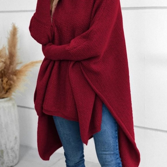Oversized Mock Neck Dolman Sleeve High Low Hem Burgundy Sweater - Picture 4 of 4